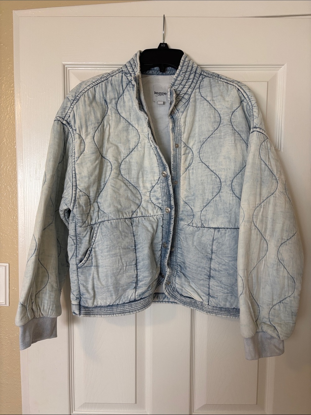Kensie Quilted Wave-Pattern Bomber Jacket - Light Blue